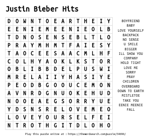 Word Search on Justin Bieber Hits