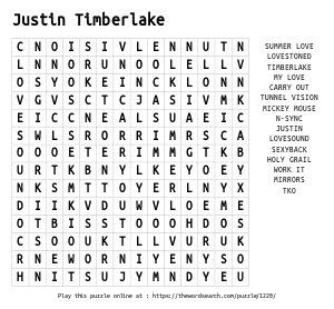 Word Search on Justin Timberlake
