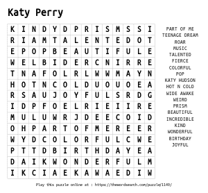 Word Search on Katy Perry
