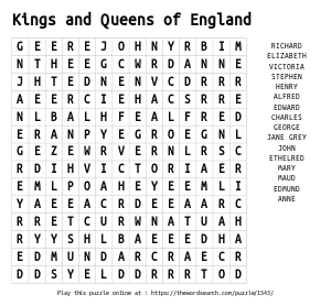 Word Search on Kings and Queens of England