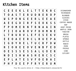 Word Search on Kitchen Items