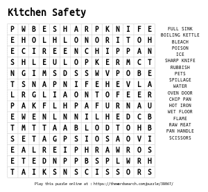 Word Search on Kitchen Safety
