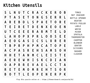 Word Search on Kitchen Utensils