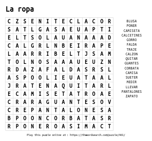 Word Search on La ropa