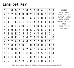 Word Search on Lana Del Rey
