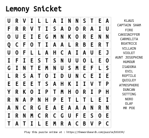 Word Search on Lemony Snicket