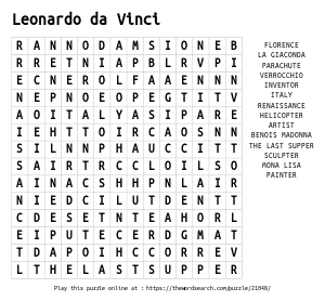 Word Search on Leonardo da Vinci