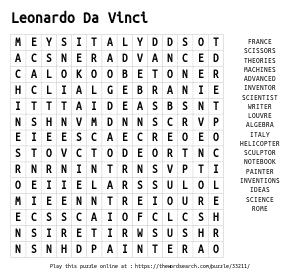 Word Search on Leonardo Da Vinci