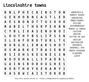 Word Search on Lincolnshire towns