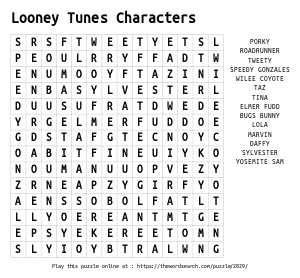 Word Search on Looney Tunes Characters