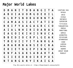 Word Search on Major World Lakes