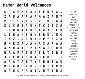 Word Search on Major World Volcanoes