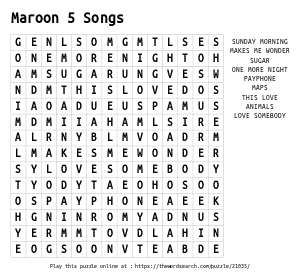Word Search on Maroon 5 Songs