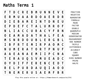 Word Search on Maths Terms 1