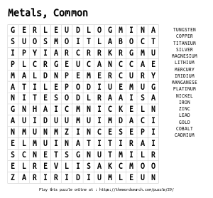 Word Search on Metals, Common