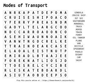 Word Search on Modes of Transport