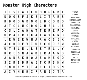 Word Search on Monster High Characters