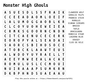 Word Search on Monster High Ghouls