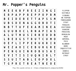 Word Search on Mr. Popper's Penguins