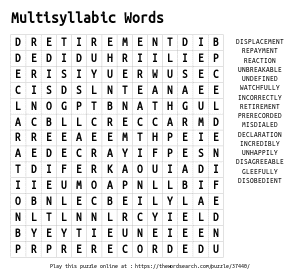 Word Search on Multisyllabic Words