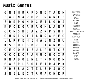 Word Search on Music Genres