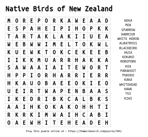 Word Search on Native Birds of New Zealand