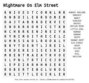 Word Search on Nightmare On Elm Street