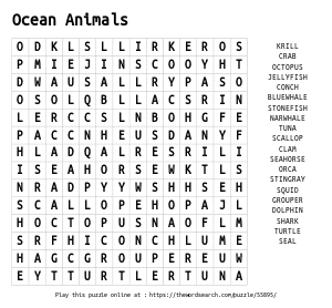 Word Search on Ocean Animals