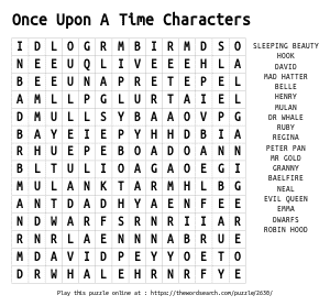 Word Search on Once Upon A Time Characters
