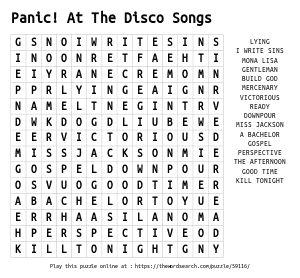 Word Search on Panic! At The Disco Songs