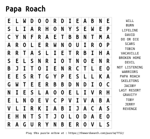 Word Search on Papa Roach