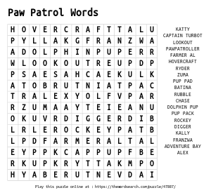 Word Search on Paw Patrol Words
