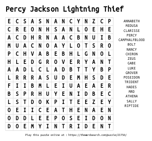 Word Search on Percy Jackson Lightning Thief