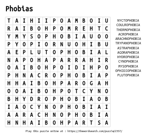 Word Search on Phobias