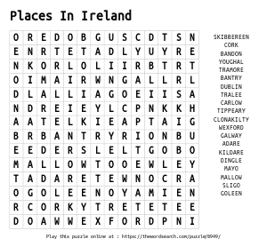 Word Search on Places In Ireland