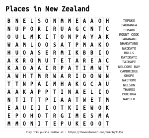 Word Search on Places in New Zealand