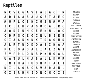 Word Search on Reptiles
