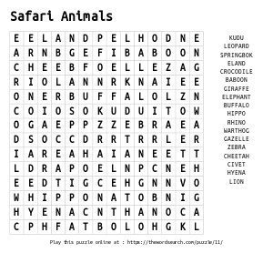 Word Search on Safari Animals