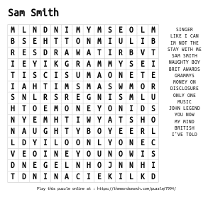 Word Search on Sam Smith