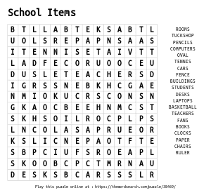 Word Search on School Items