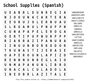 Word Search on School Supplies (Spanish)