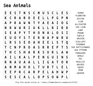 Word Search on Sea Animals