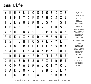 Word Search on Sea Life