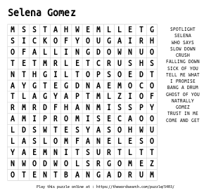 Word Search on Selena Gomez
