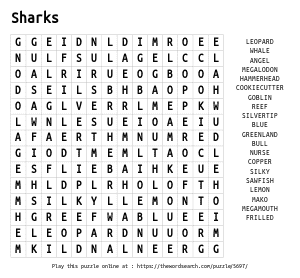 Word Search on Sharks