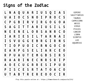 Word Search on Signs of the Zodiac
