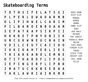 Word Search on Skateboarding Terms