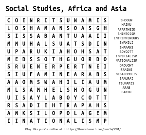 Word Search on Social Studies, Africa and Asia