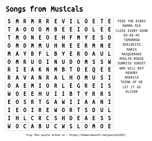 Word Search on Songs from Musicals