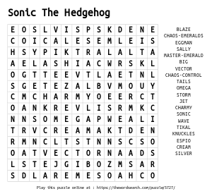 Word Search on Sonic The Hedgehog